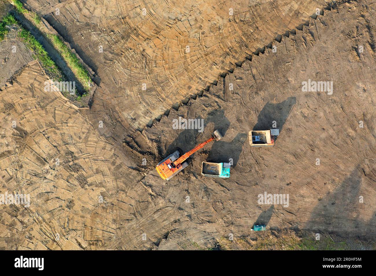 extensive earthworks with shovel excavator, aerial view, Belgium, East Flanders, Zeeschelde Stock Photo