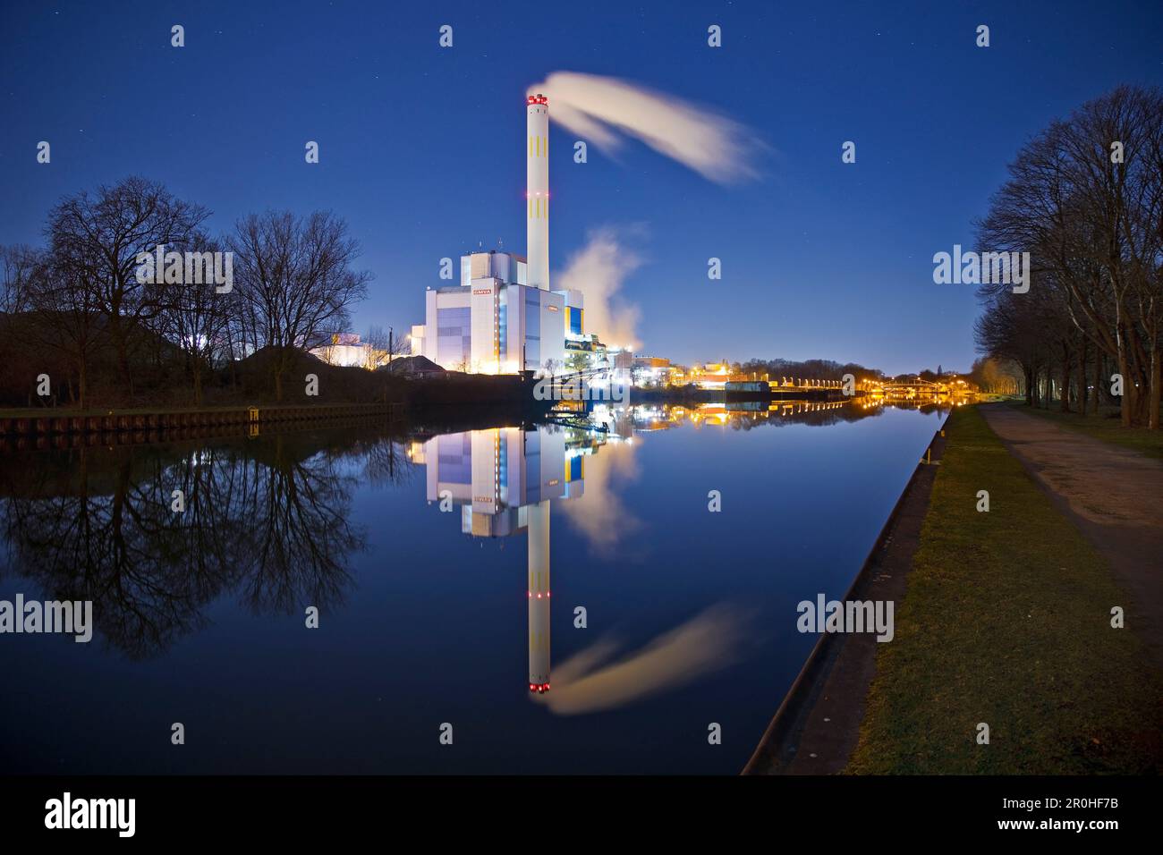 GMVA wastetoenergy plant at RhineHerne Canal at night, Germany