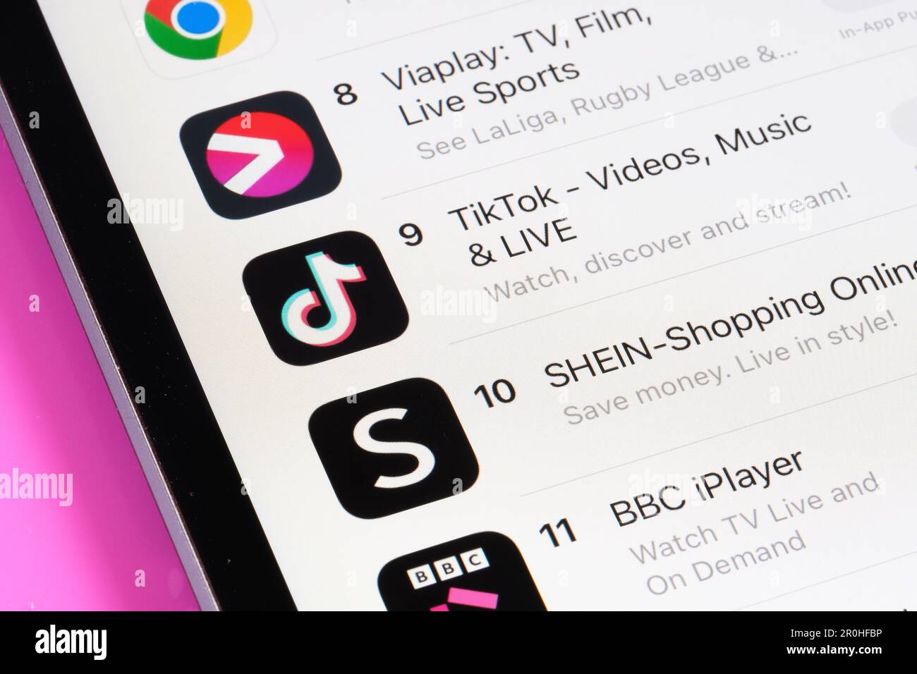 Viaplay, TikTok, Shein BBC iplayer apps seen in App Store on the screen of ipad. Selective focus. Stafford, United Kingdom, May 6, 2023 Stock Photo