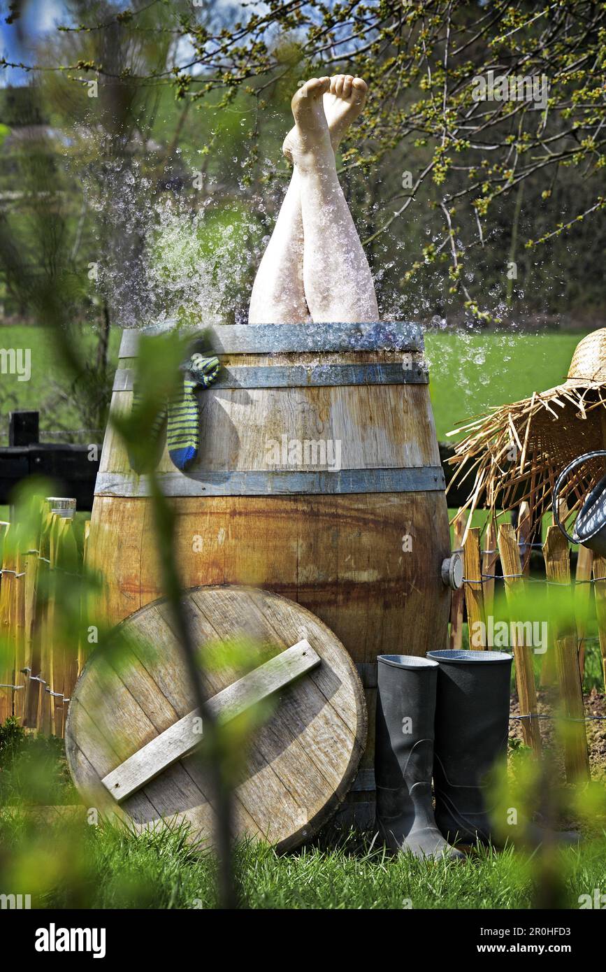 woman plunge headlong in a rain barrel in a garden for cooling down, composing, Germany Stock Photo
