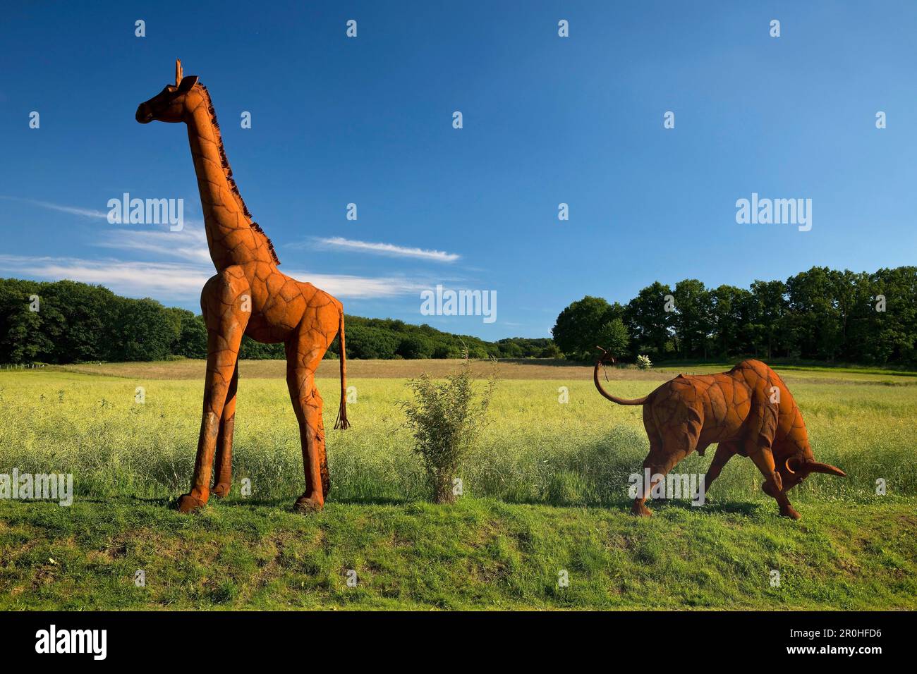 landscape in Muttental with exhibited metal sculptures of African animals, Shona-Art, Germany, North Rhine-Westphalia, Ruhr Area, Witten Stock Photo