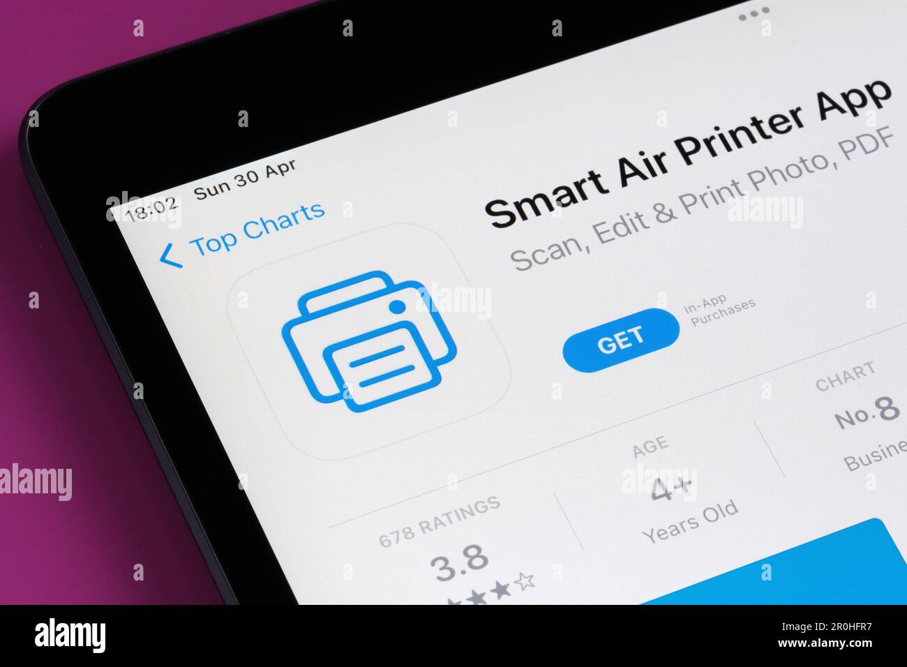 Smart air printer app seen in App Store on the screen of ipad. Selective focus. Stafford, United Kingdom, May 6, 2023 Stock Photo