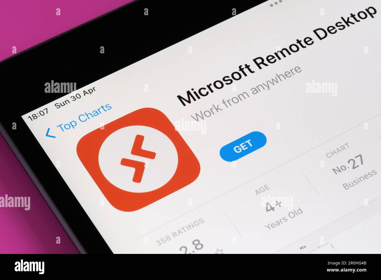 Microsoft Remote Desktop app seen in App Store on the screen of ipad. Selective focus. Stafford, United Kingdom, May 6, 2023 Stock Photo