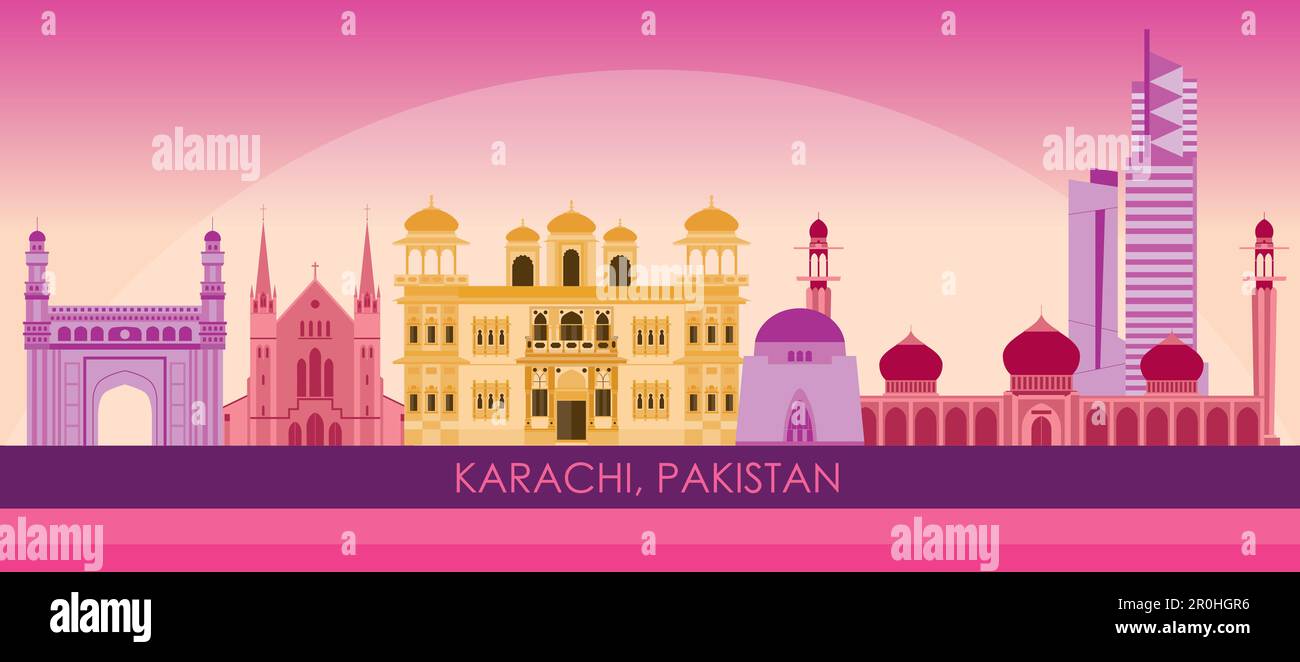 Sunset Skyline panorama of city of Karachi, Pakistan - vector illustration Stock Vector