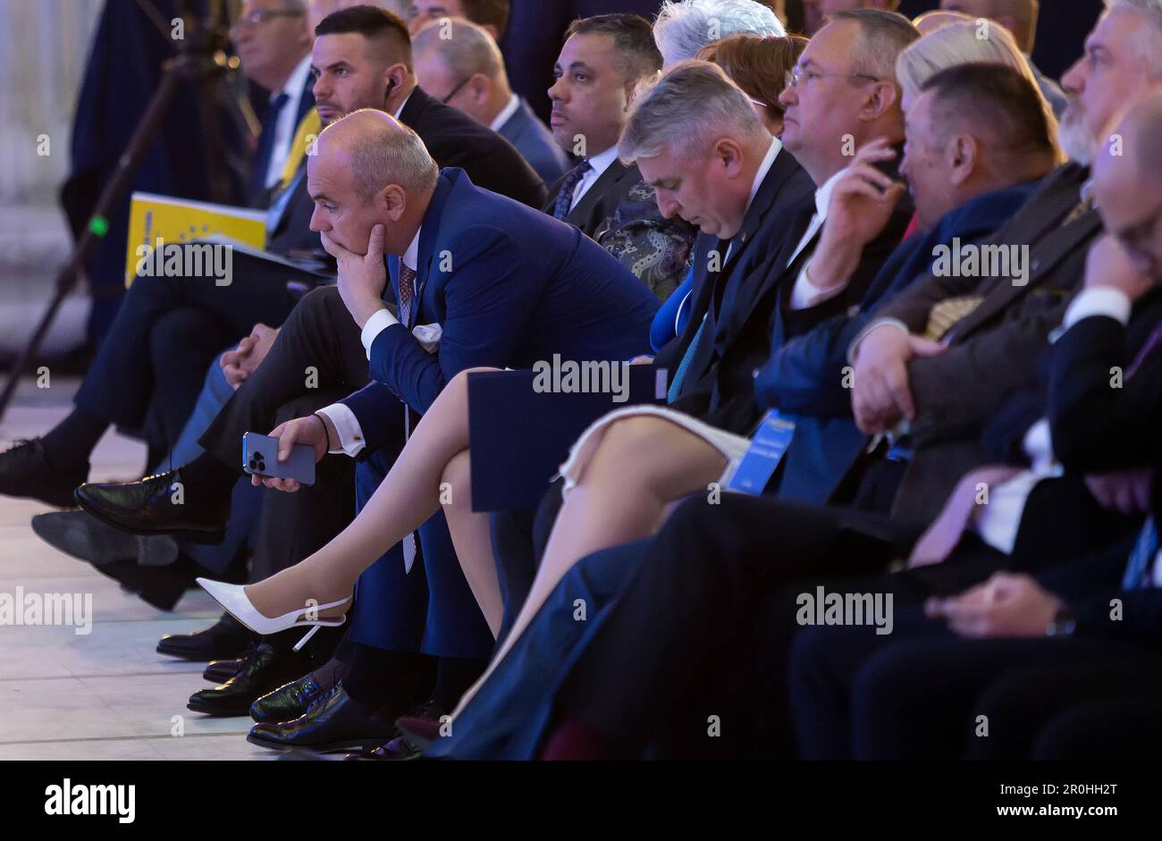 Bucharest, Romania. 8th May, 2023: Rares Bogdan (L), Member of the European Parliament and First Vice-President of Communication and International Relations of the National Liberal Party, attend the Congress of Romanian Liberal Seniors, at the Palace of the Parliament. Credit: Lucian Alecu/Alamy Live News Stock Photo