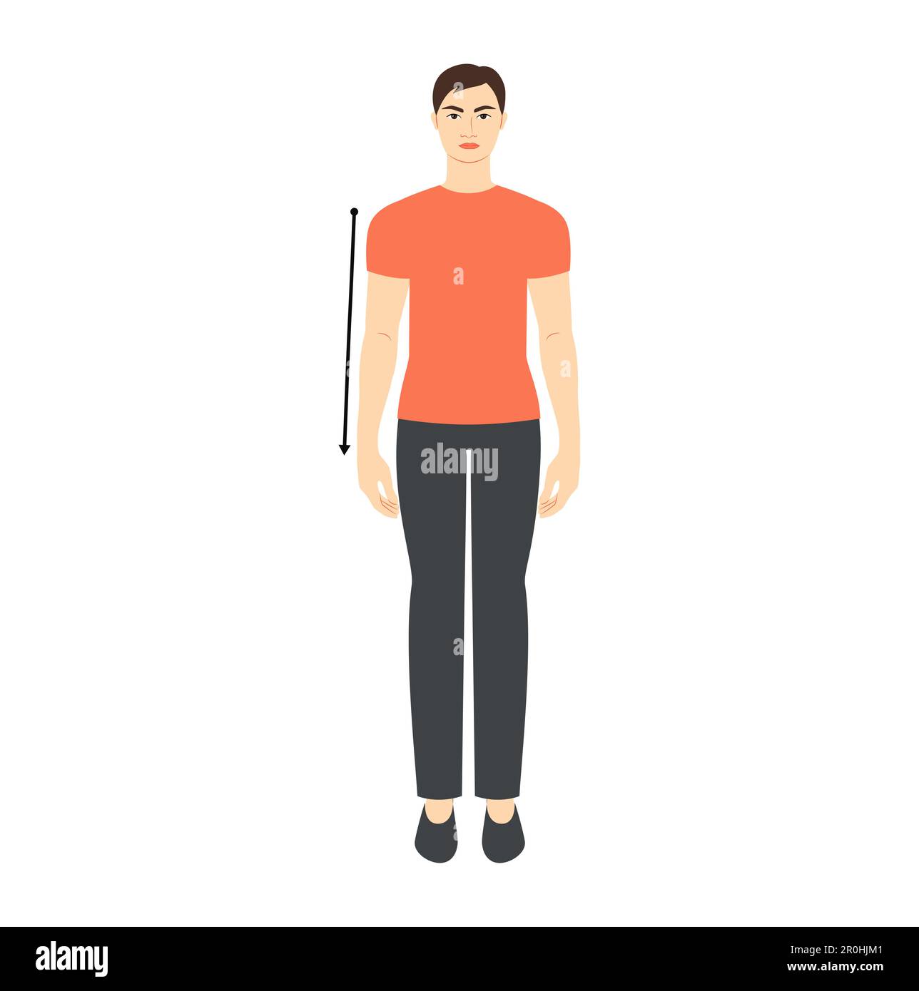 Men to do sleeve length measurement body with arrows fashion Illustration for size chart. Flat male character front 8 head size boy in red shirt. Human gentlemen infographic template for clothes Stock Vector