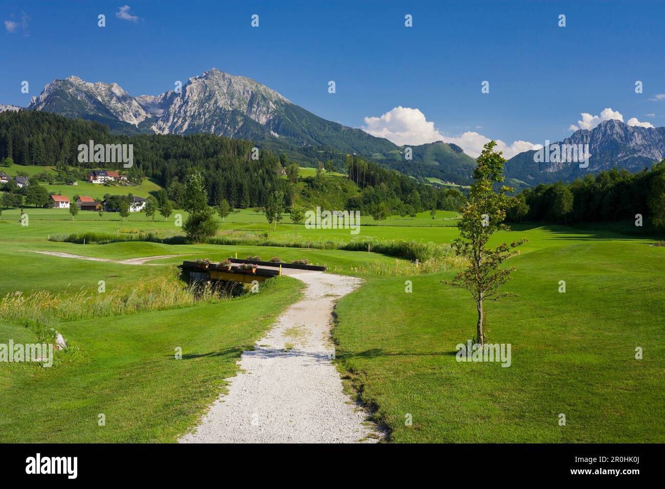 Golf course near Windischgarsten, Haller Mauer, Grosser Pyhrgas, Northern Limestone Alps, Upper Austria, Austria Stock Photo
