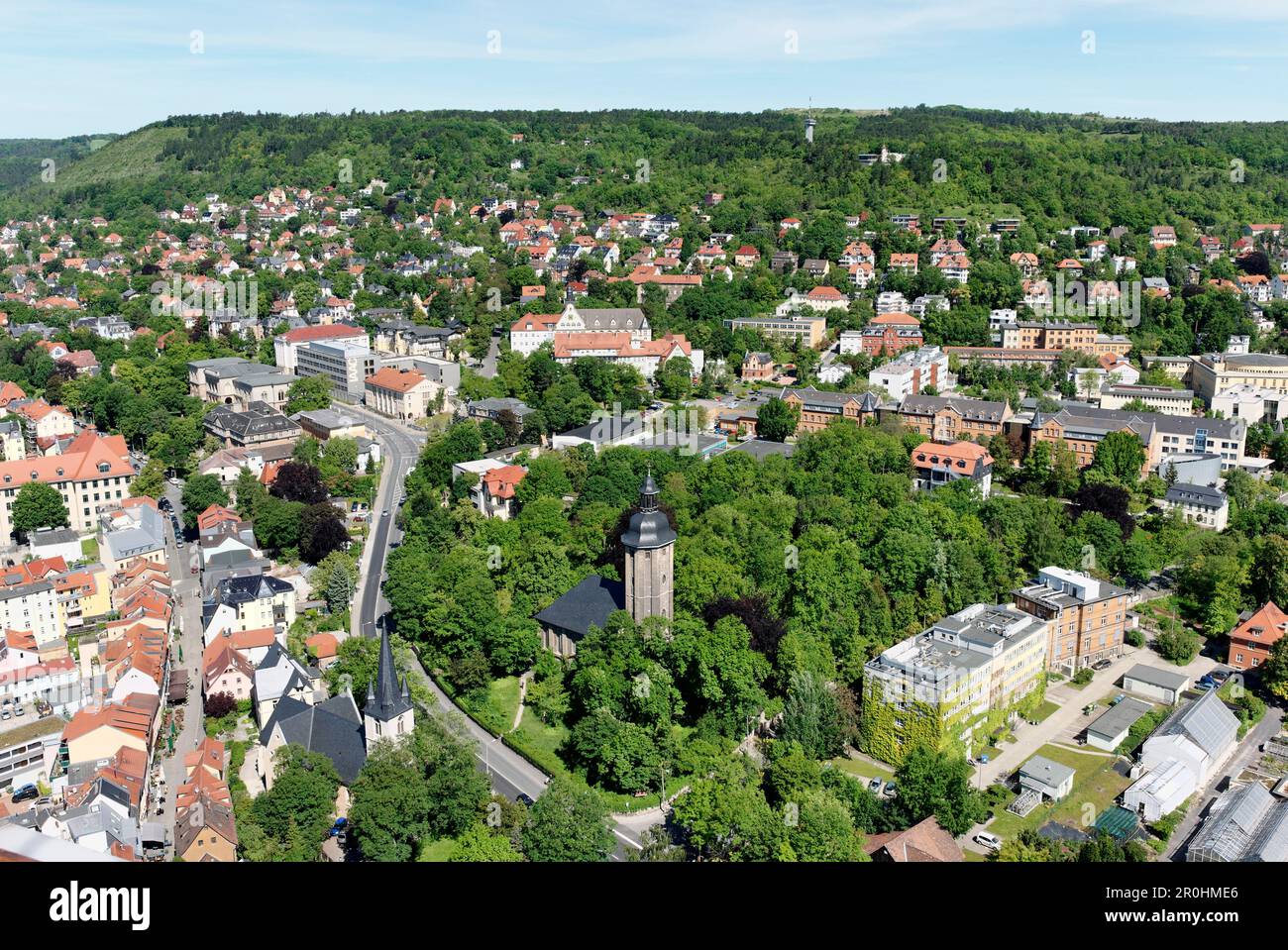 View from Jentower, Johannes Church and Friedenskirche, Jena, Thuringia, Germany Stock Photo