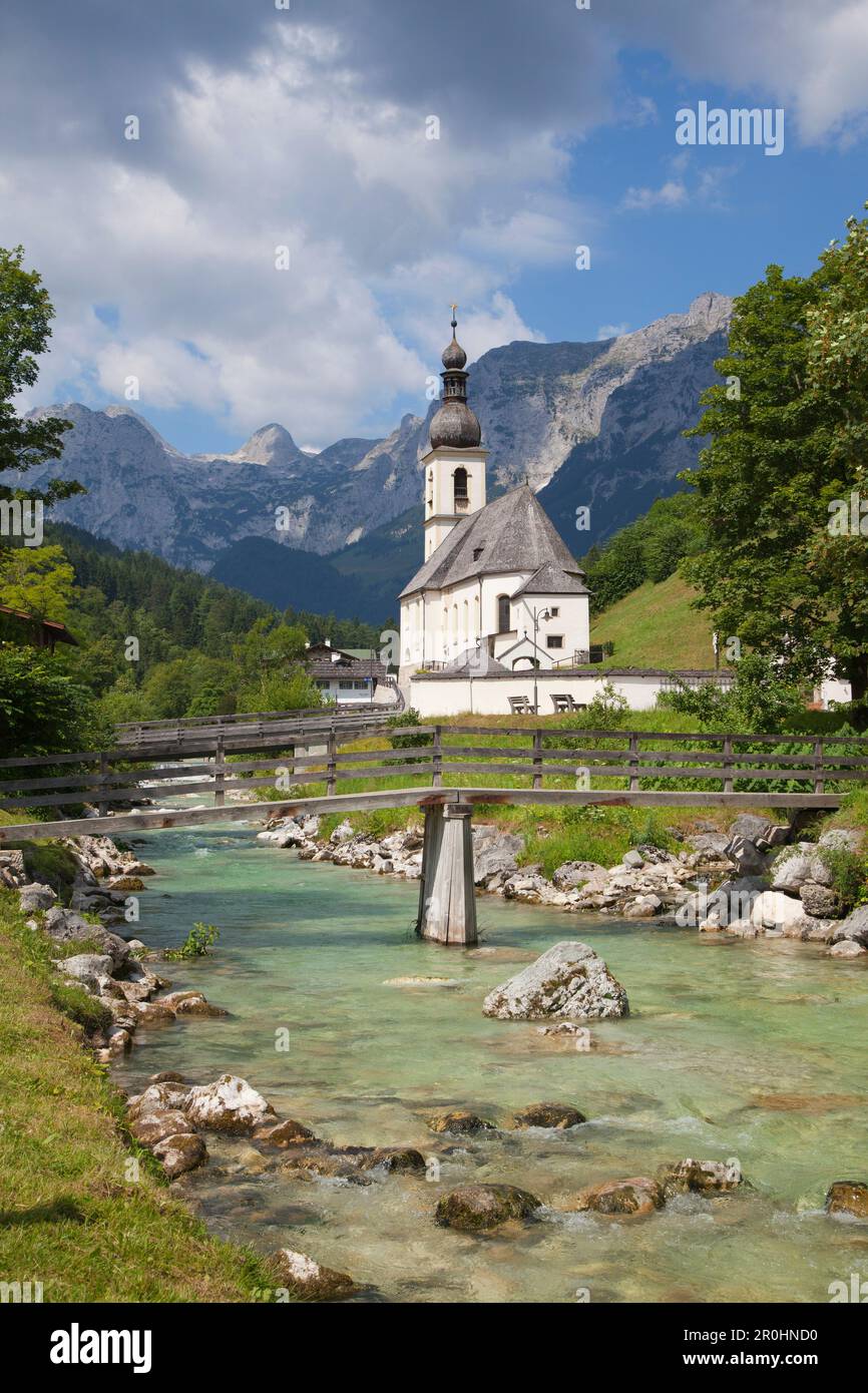 Ramsau church, view to Reiteralpe, Berchtesgaden region, Berchtesgaden National Park, Upper Bavaria, Germany Stock Photo