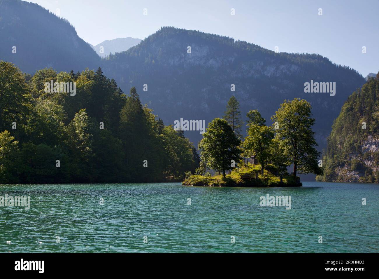 Christlieger island, Johannesinsel, Koenigssee, Berchtesgaden region, Berchtesgaden National Park, Upper Bavaria, Germany Stock Photo