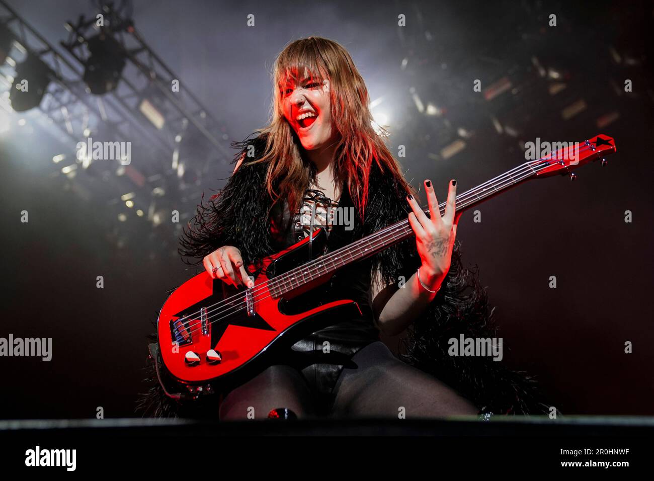 Victoria De Angelis of Maneskin performs on stage at the O2 Arena in ...