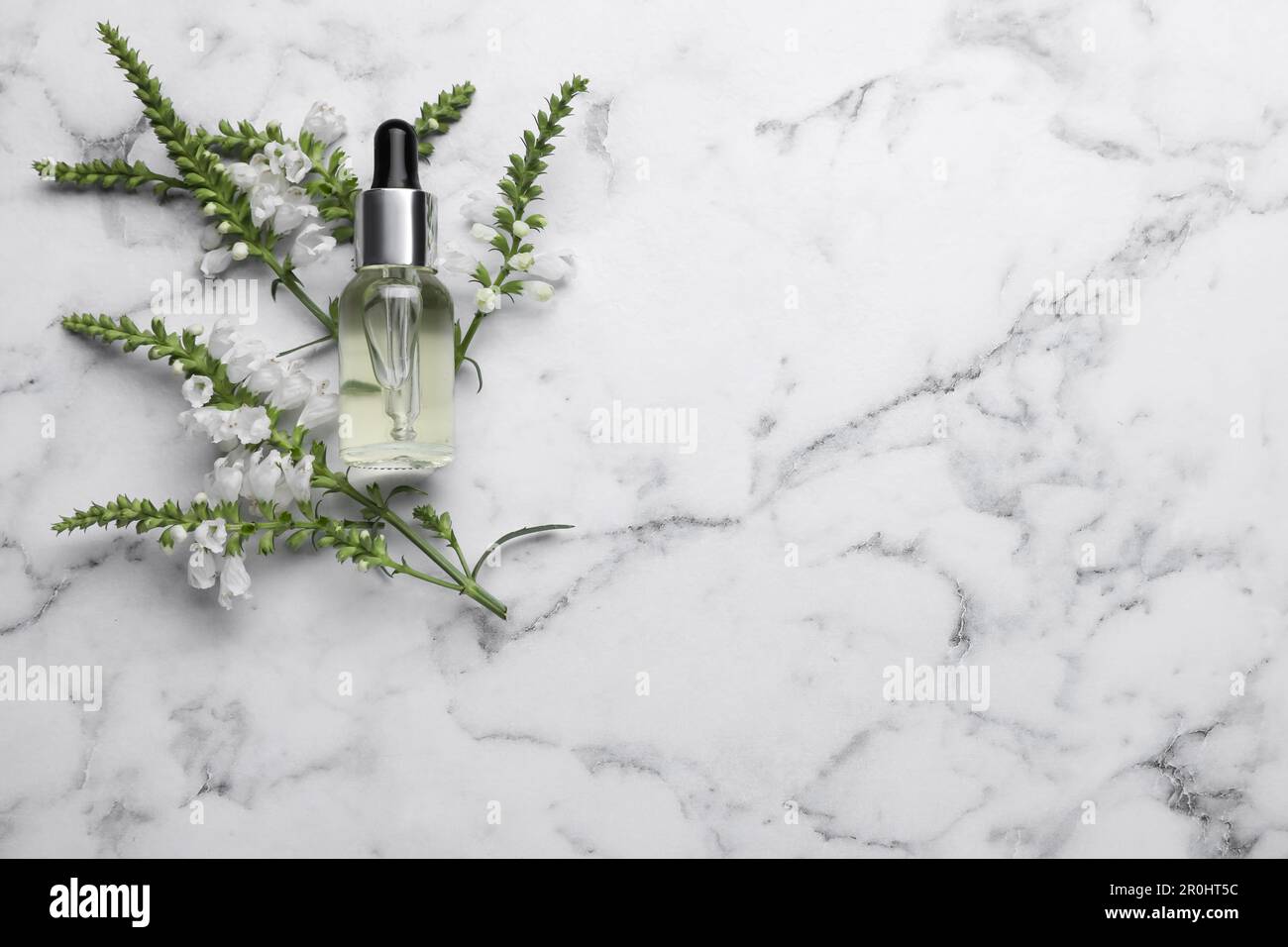 Bottle of essential oil and flowers on white marble table, flat lay. Space for text Stock Photo