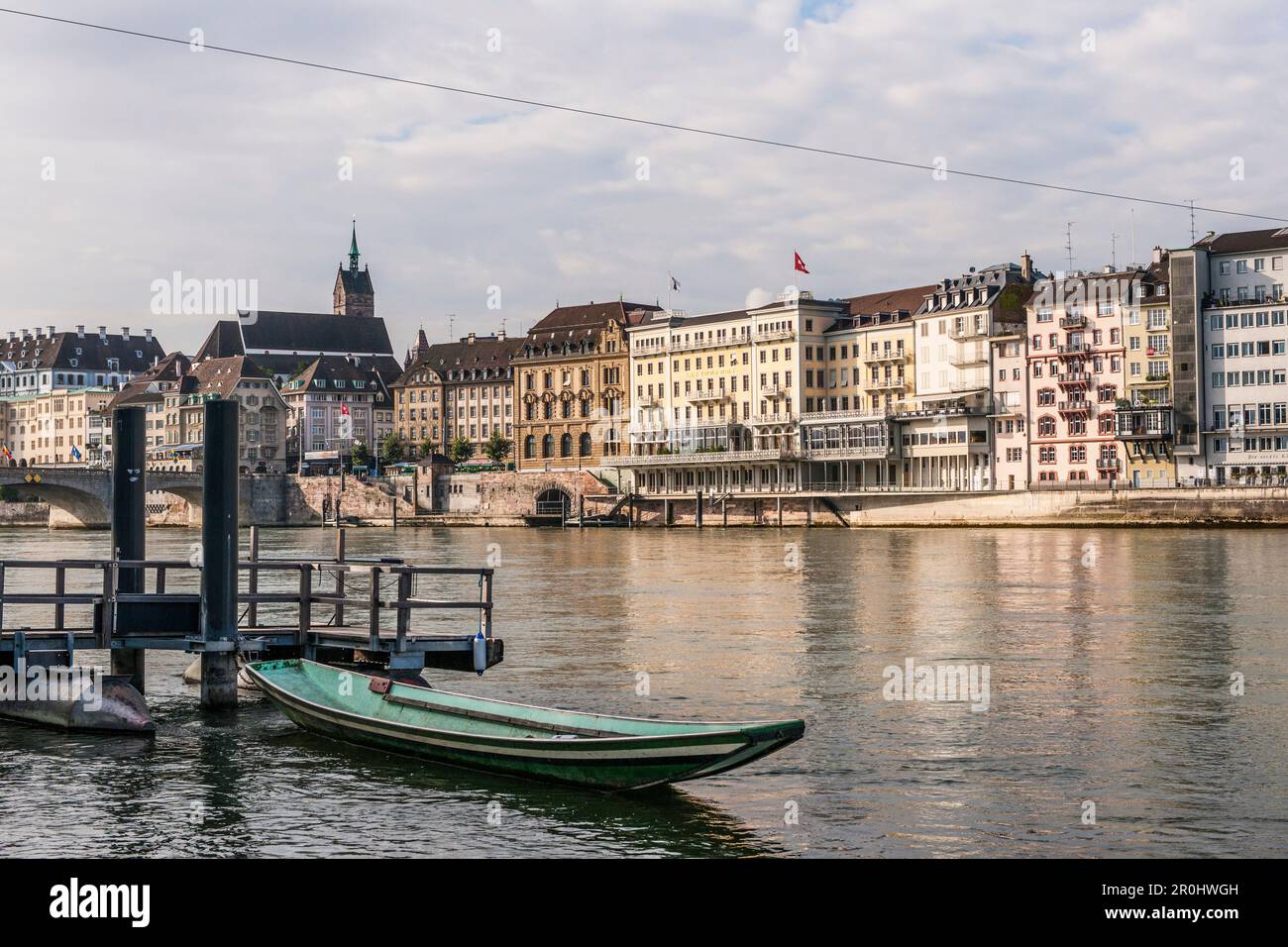 View over river Rhine to a hotel in the evening, Basel, Canton of Basel-Stadt, Switzerland Stock Photo