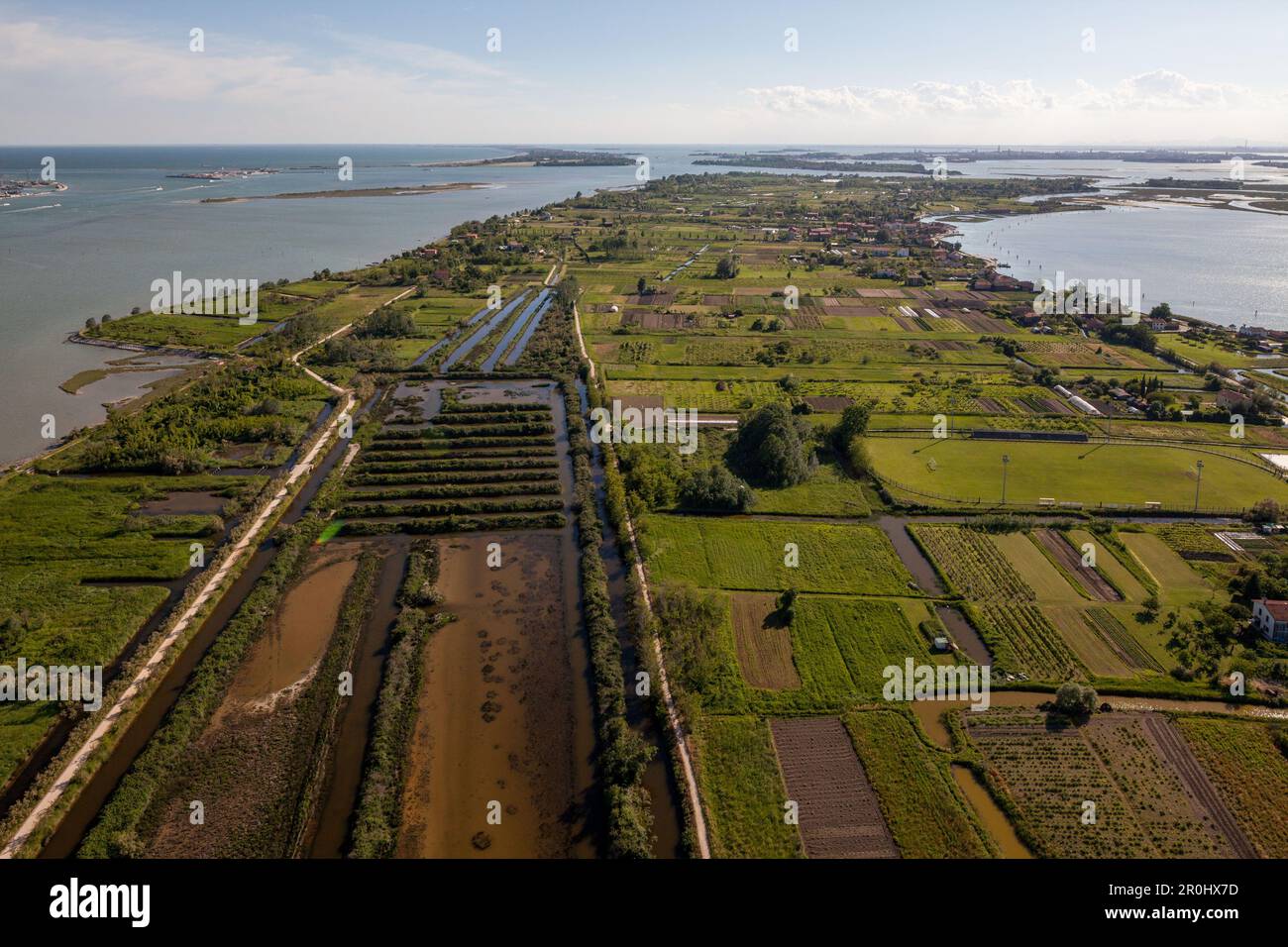 Aerial view of islands in the Venetian lagoon, Island of Sant' Erasmo, Veneto, Italy Stock Photo