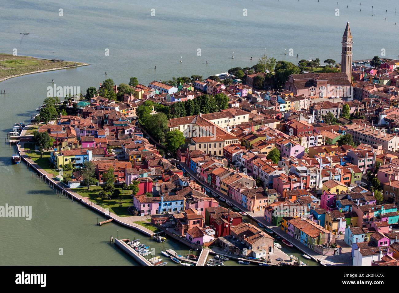 Aerial view of the Venetian Lagoon with salt marshes, Island of Burano, Fishing village with colourful house facades, Veneto, Italy Stock Photo