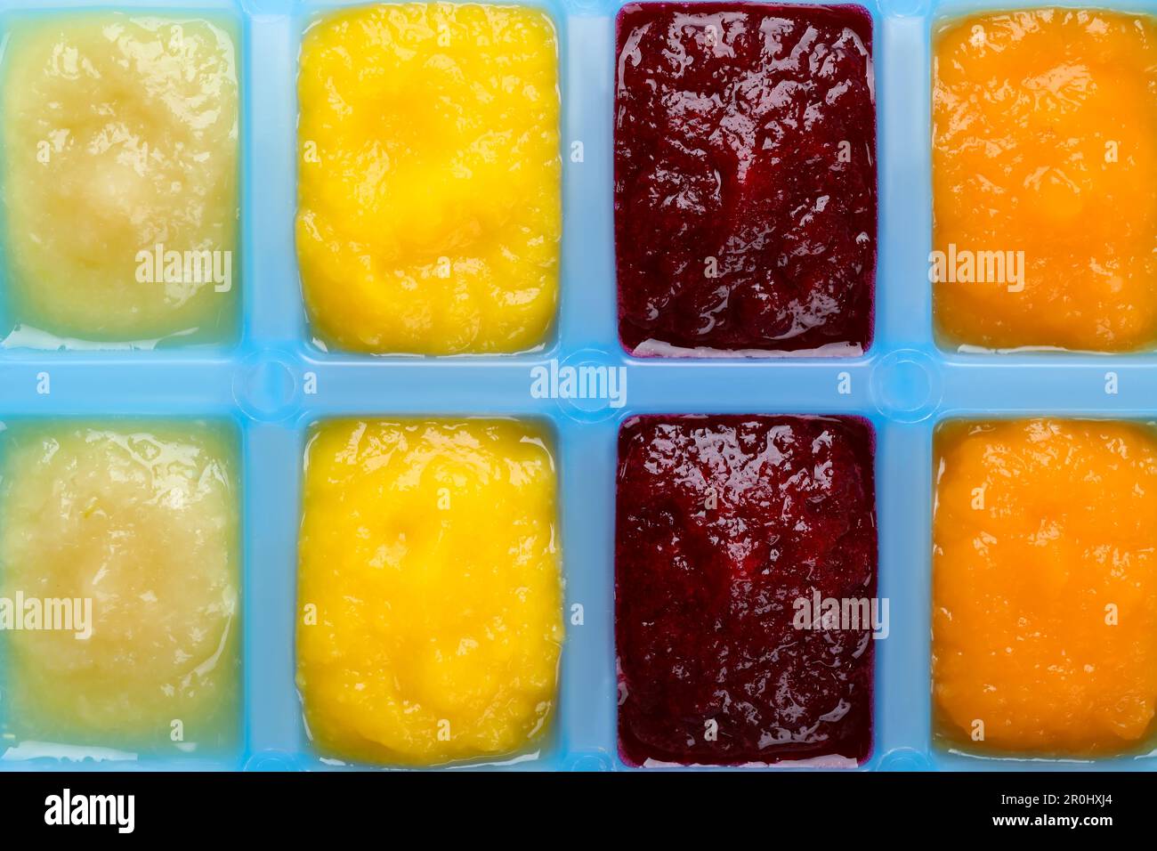 Different purees in ice cube tray, closeup. Ready for freezing Stock