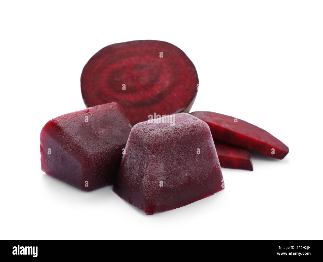 Frozen beetroot puree cubes and fresh beetroot isolated on white Stock Photo
