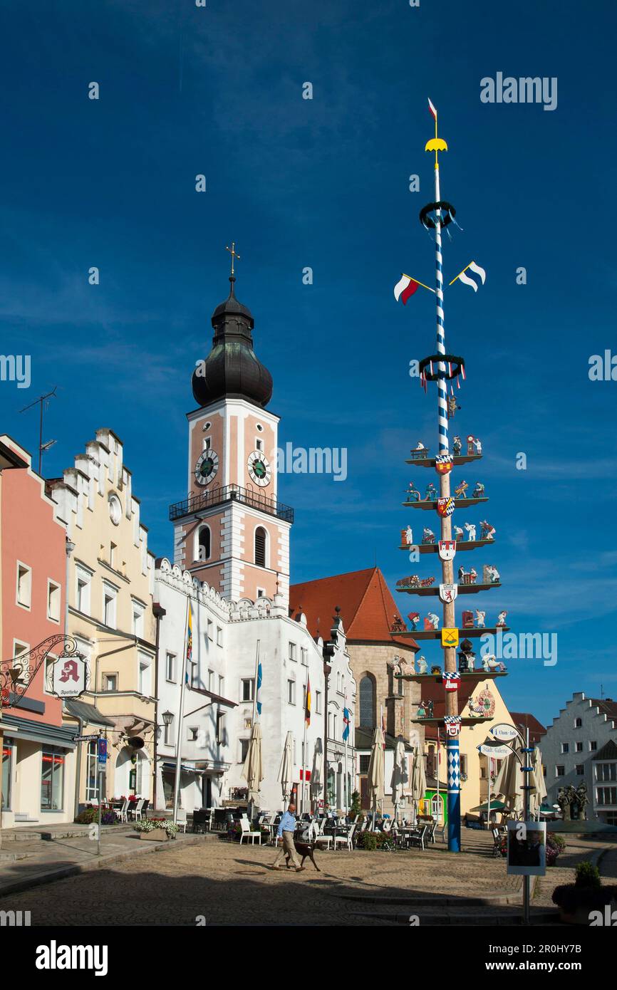 Market square with may pole and church in the old town of Cham