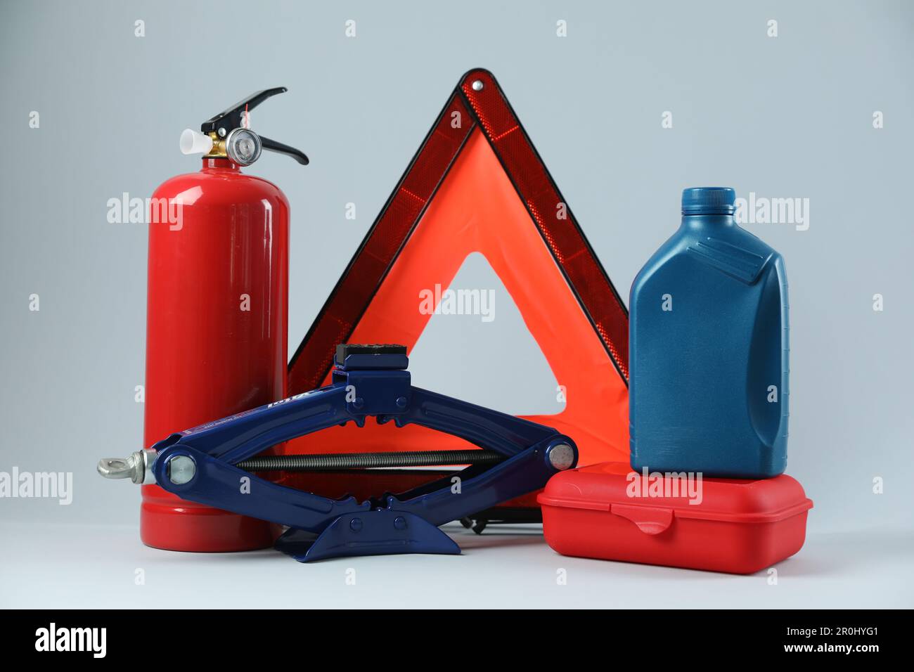 Set of car safety equipment on light grey background Stock Photo