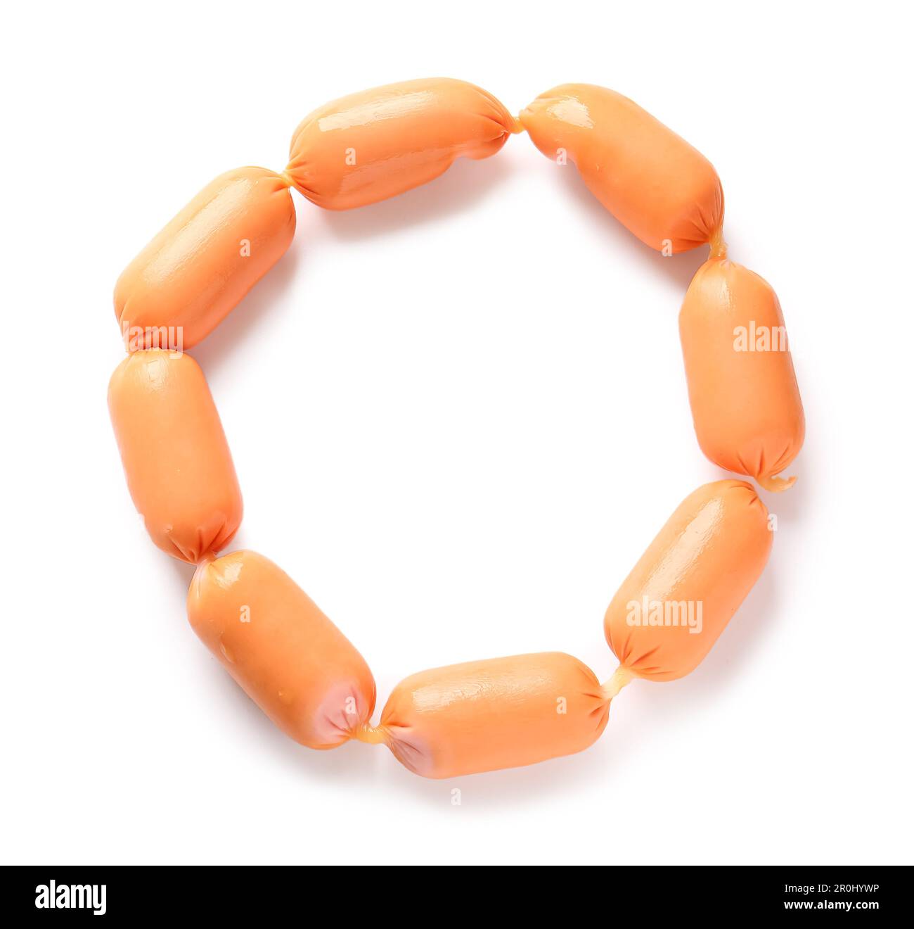 Frame made of tasty boiled sausages on white background Stock Photo