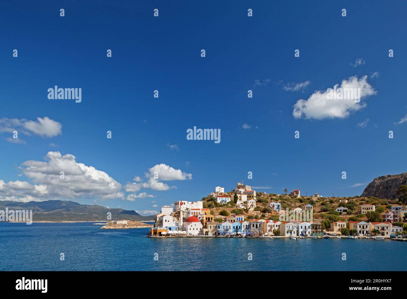 Harbour and view of Kastellorizo, Dodecanese, South Aegean, Greece Stock Photo