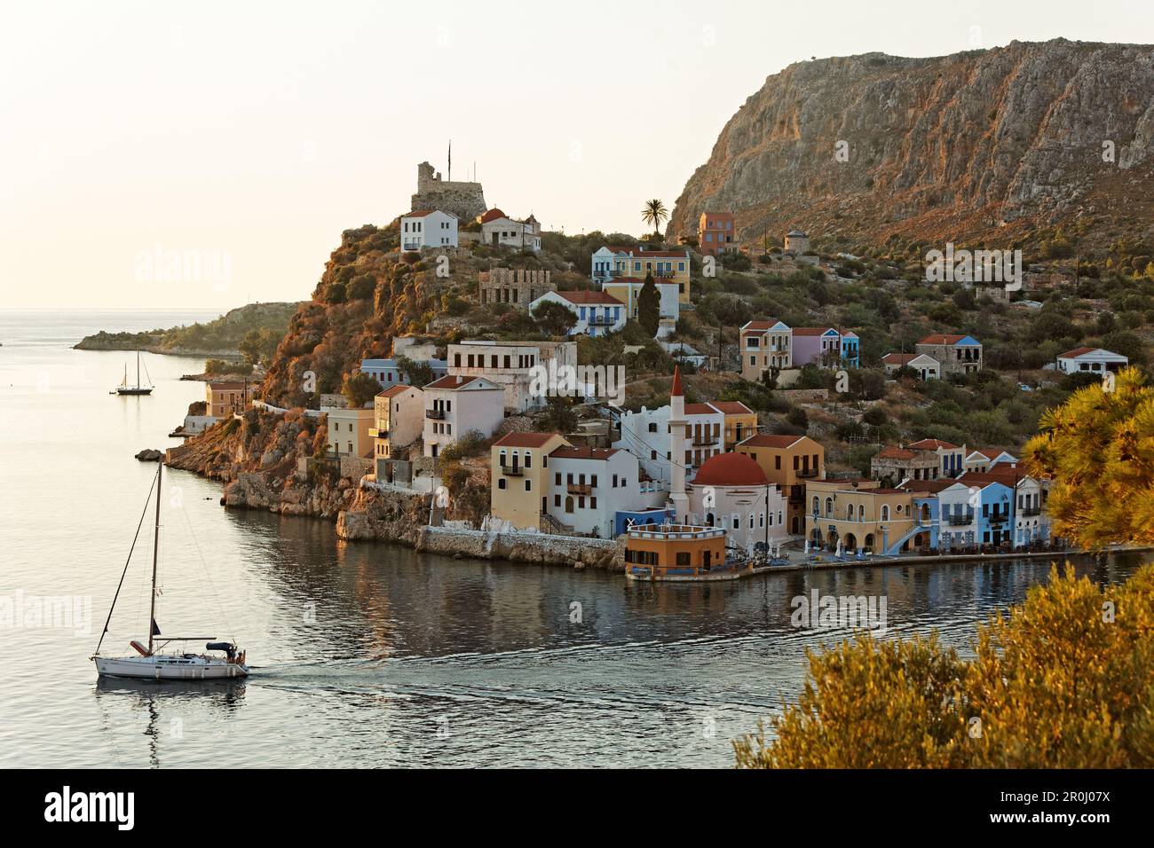 Harbour and view of Kastellorizo, Dodecanese, South Aegean, Greece Stock Photo