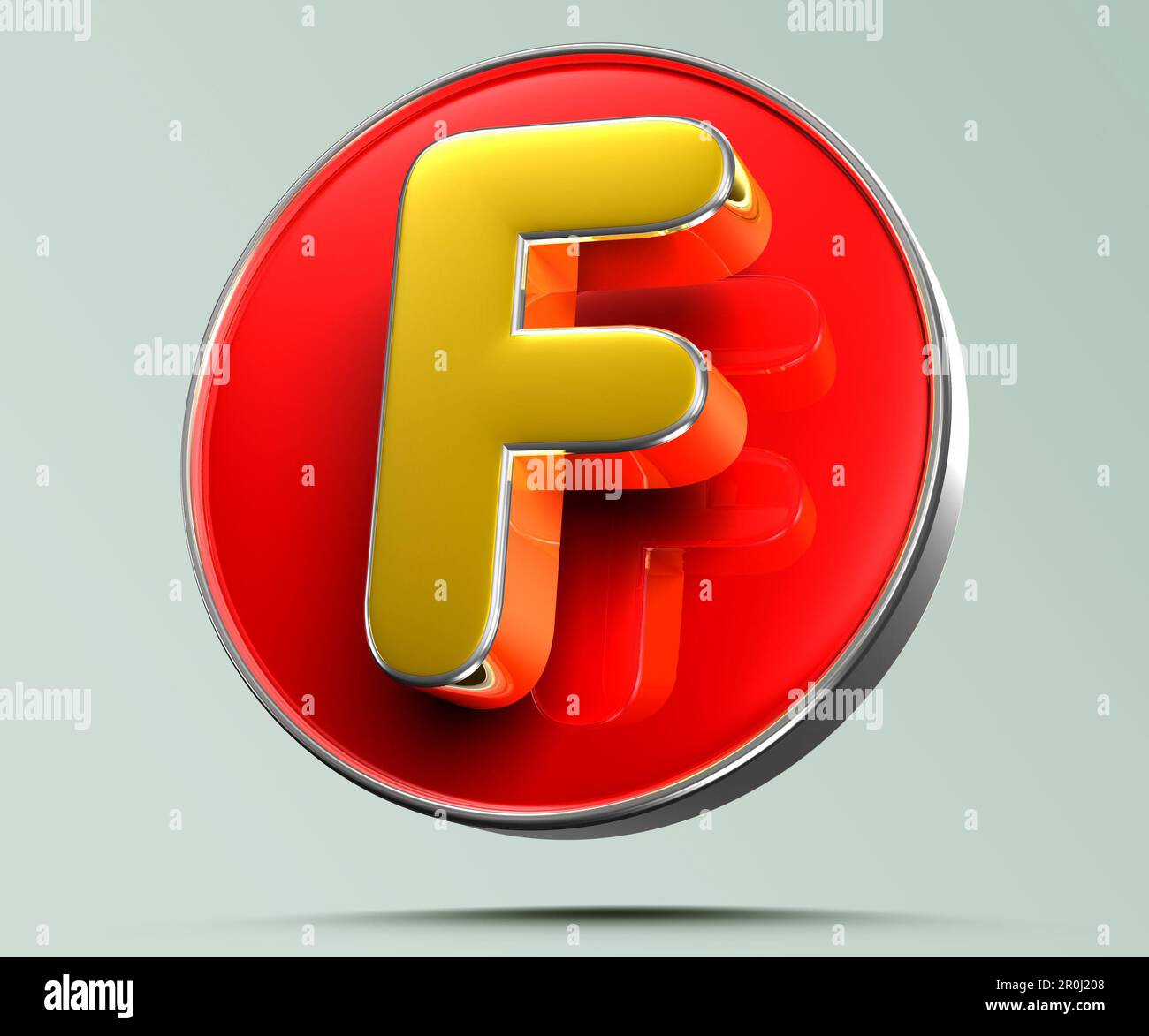 Letter F golden yellow in red circle 3D illustration on light gray background have work path. Advertising signs. Product design. Product sales. Produc Stock Photo