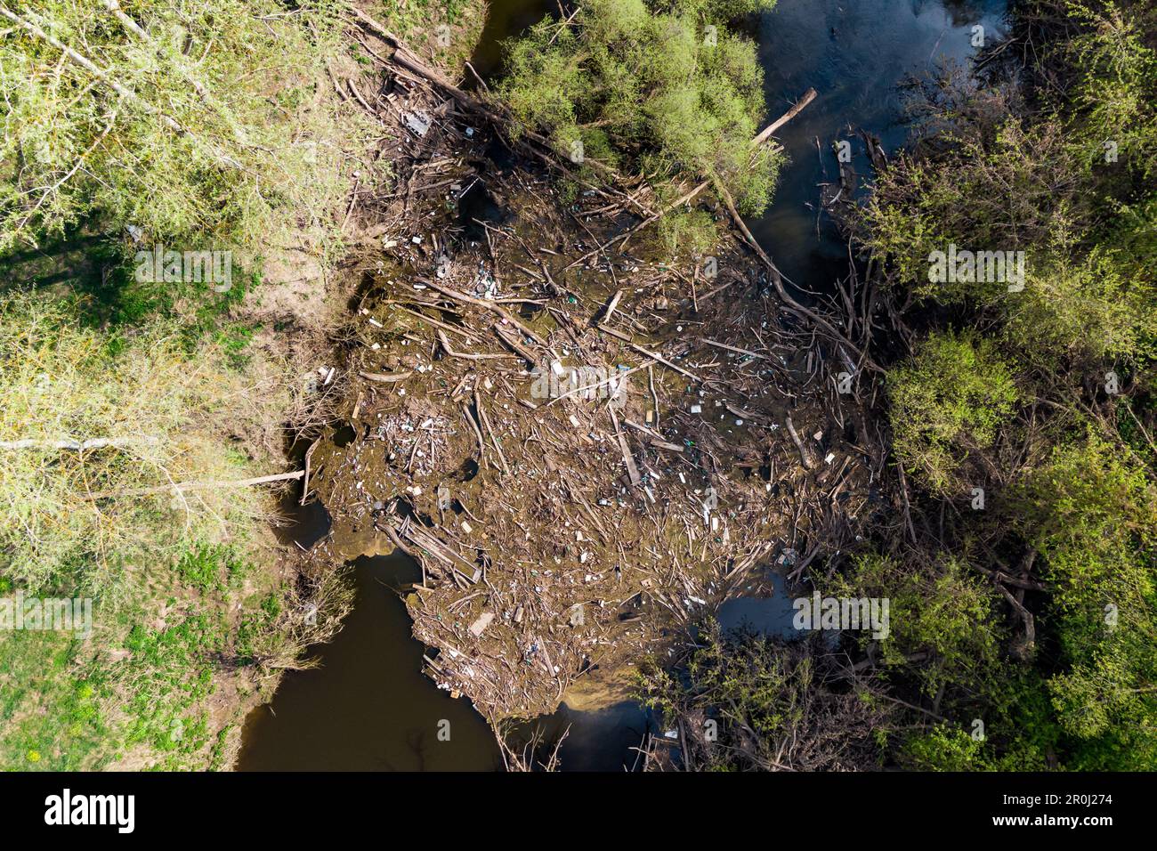 Floating pile of debris from branches and plastic accumulated in the