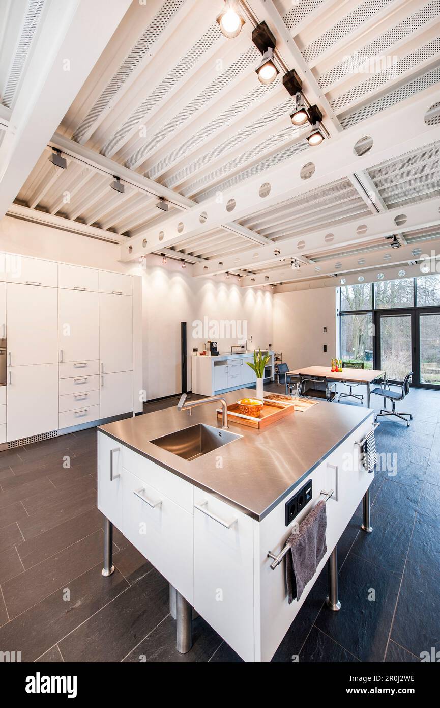 Open plan kitchen inside a Bauhaus villa, Sauerland, Germany Stock Photo