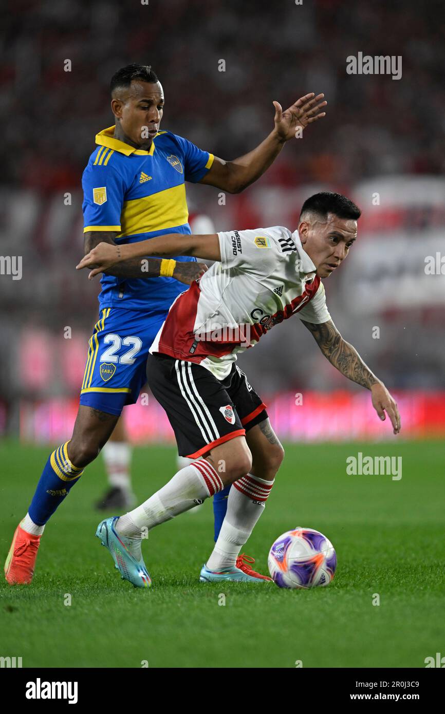 Argentina, Buenos Aires - 07 May 2023: Esequiel Barco of River Plate and Sebastian Villa Cano of Boca Juniors in action during the Torneo Binance 2023 Stock Photo