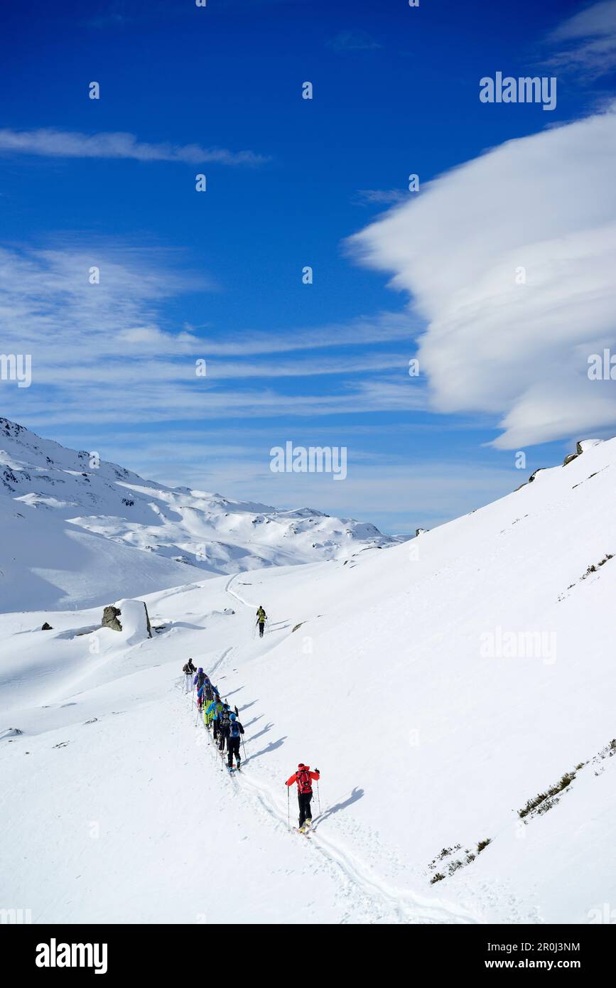 Back-country skiers ascending to Regenfeldjoch, Langer Grund, Kitzbuehel Alps, Tyrol, Austria Stock Photo