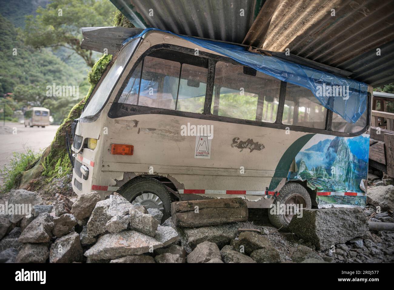 Deserted mini Bus with print of Machu Picchu, Aguas Calientes, Peru, South America, 7 New Wonders of the World Stock Photo