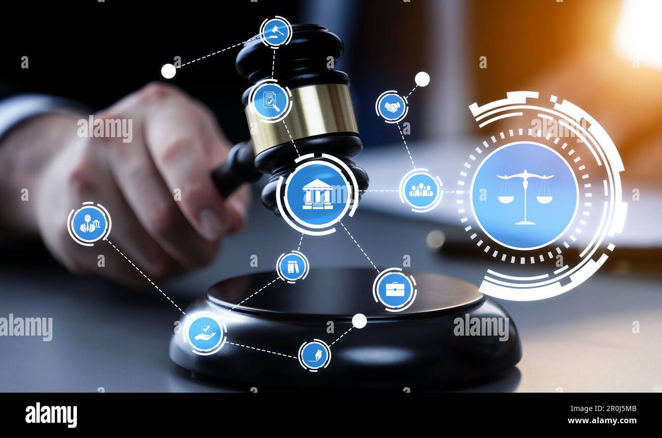 Smart law, legal advice icons and lawyer working tools in the lawyers