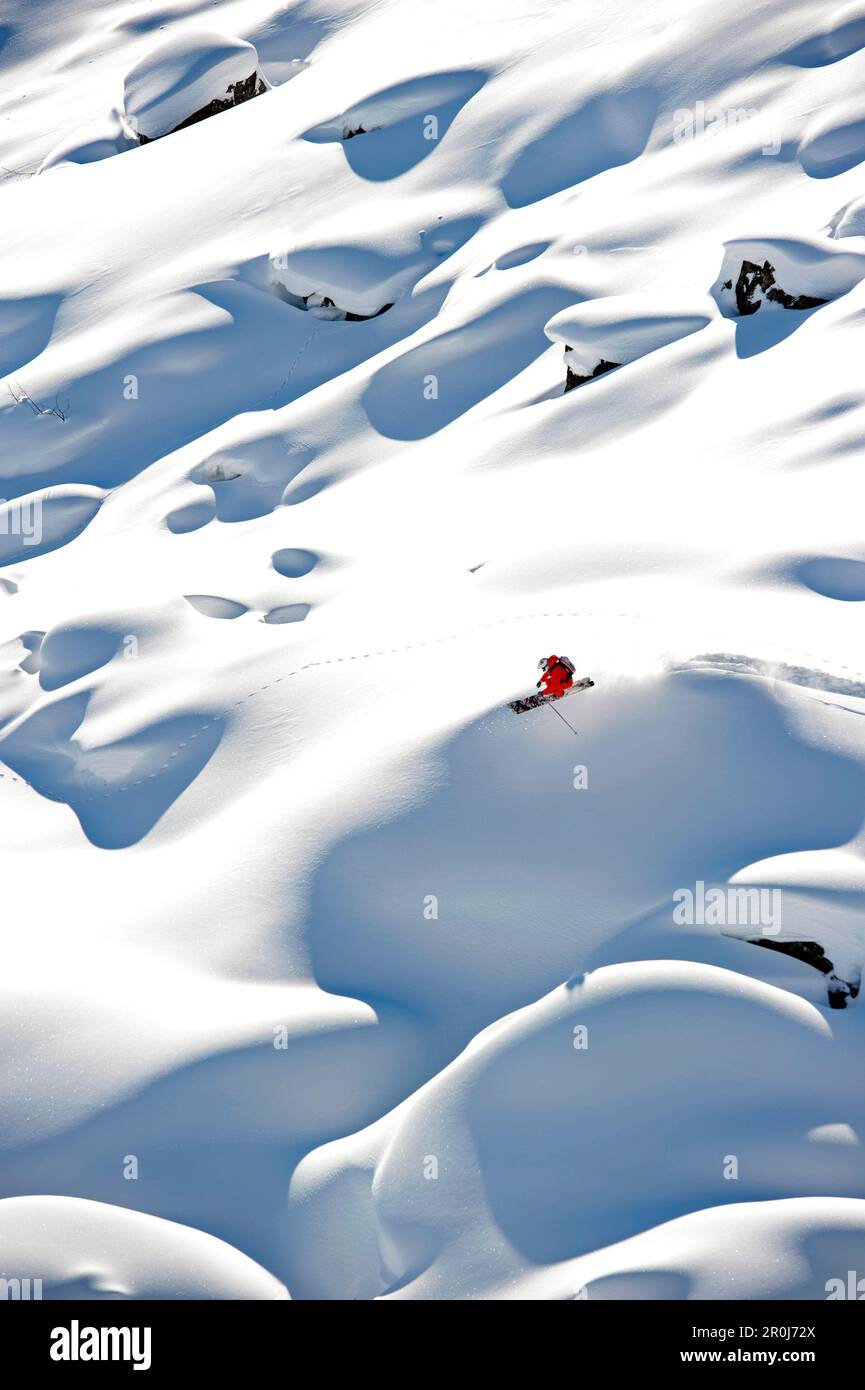 Skier downhill skiing, Gargellen, Montafon, Vorarlberg, Austria Stock Photo