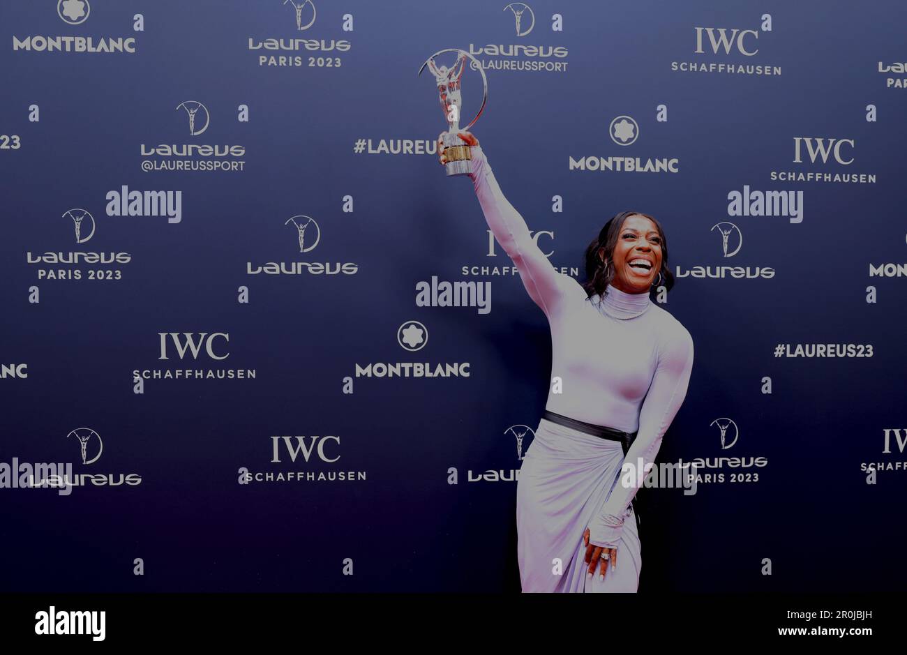 Paris, Jamaican sprinter athlete ShellyAnn FraserPryce poses with the trophy at the 2023