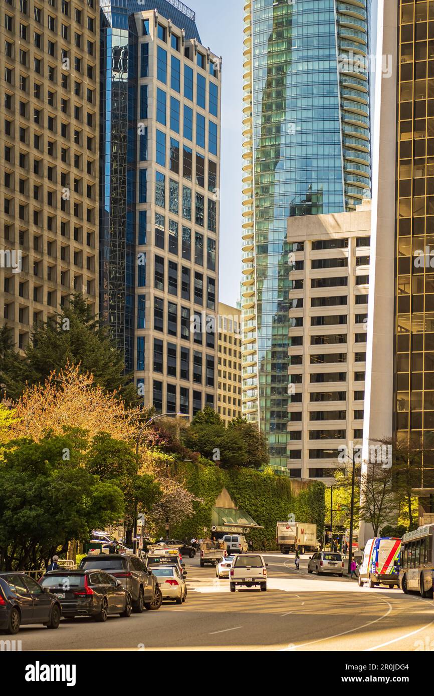 Vancouver downtown skyscrapers. Busy Urban streets in Vancouver BC