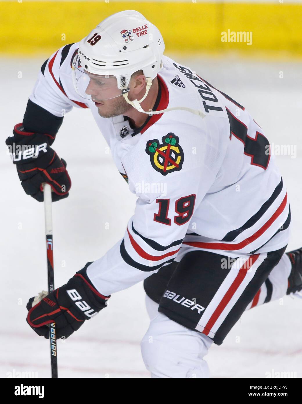 NHL profile photo on Chicago Blackhawks player Jonathan Toews at a game