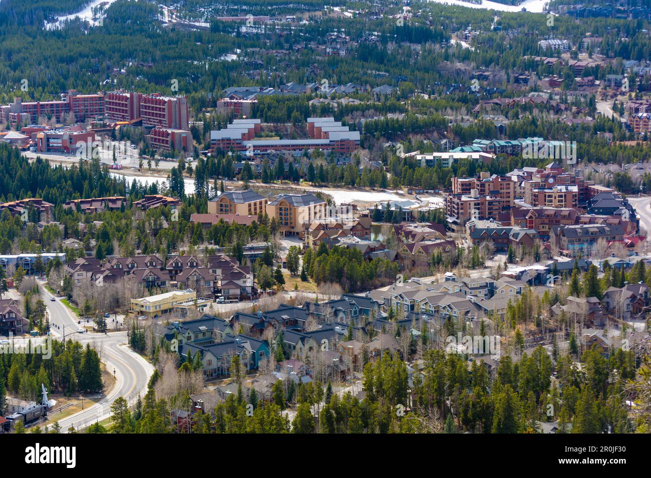 Downtown Breckenridge, Colorado in the Winter During the Day with the Mountains in the Background Stock Photo