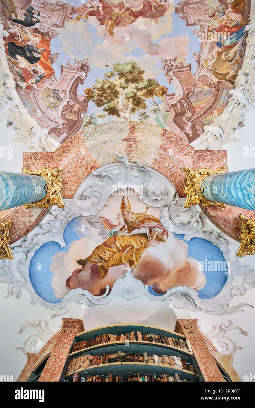 Baroque ceiling fresco in the monastry library, Wiblingen Monastry, Ulm at Danube River, Swabian Alb, Baden-Wuerttemberg, Germany Stock Photo