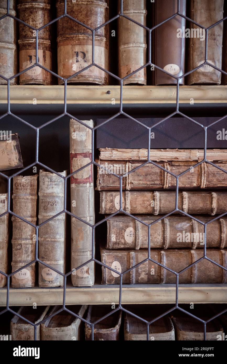 historic books behind grid for protection, Wiblingen Monastry, Ulm at Danube River, Swabian Alb, Baden-Wuerttemberg, Germany Stock Photo