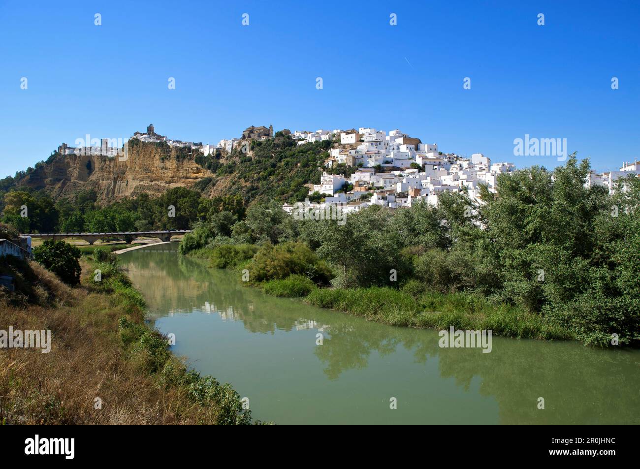 View from the river to the wihite town of Arcos de la Frontera, Cadiz province, Andalusia, Spain, Europe Stock Photo