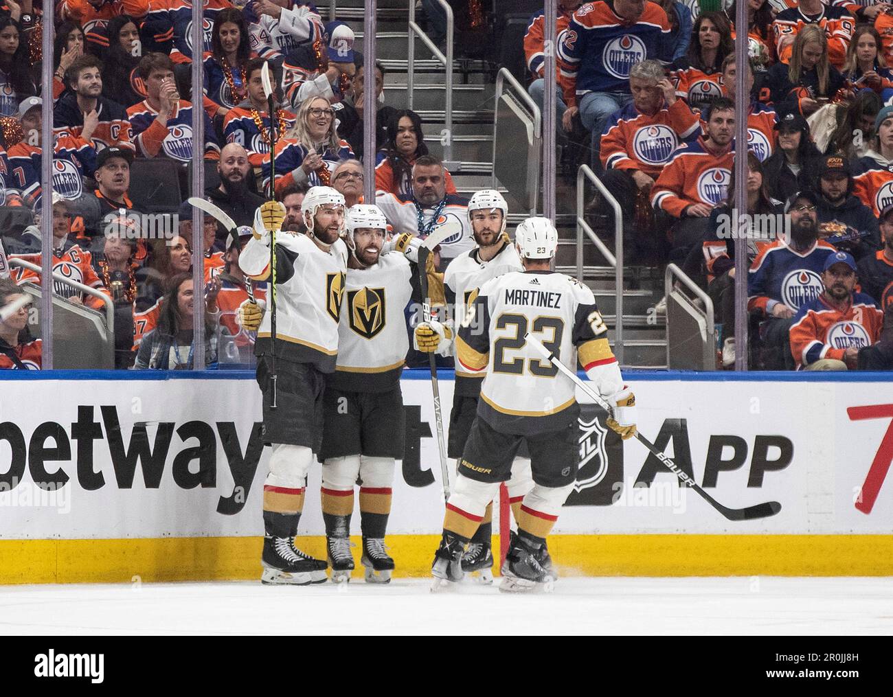Vegas Golden Knights celebrate after a goal against the Edmonton Oilers