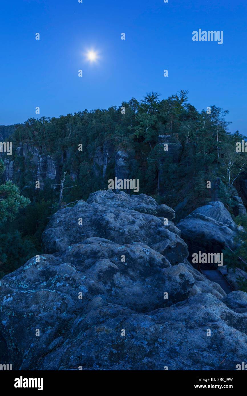 Germany Sightseeing Rocks Sandstone rocks in blue dusk with full moon, Gratweg, Mittelwinkel ...