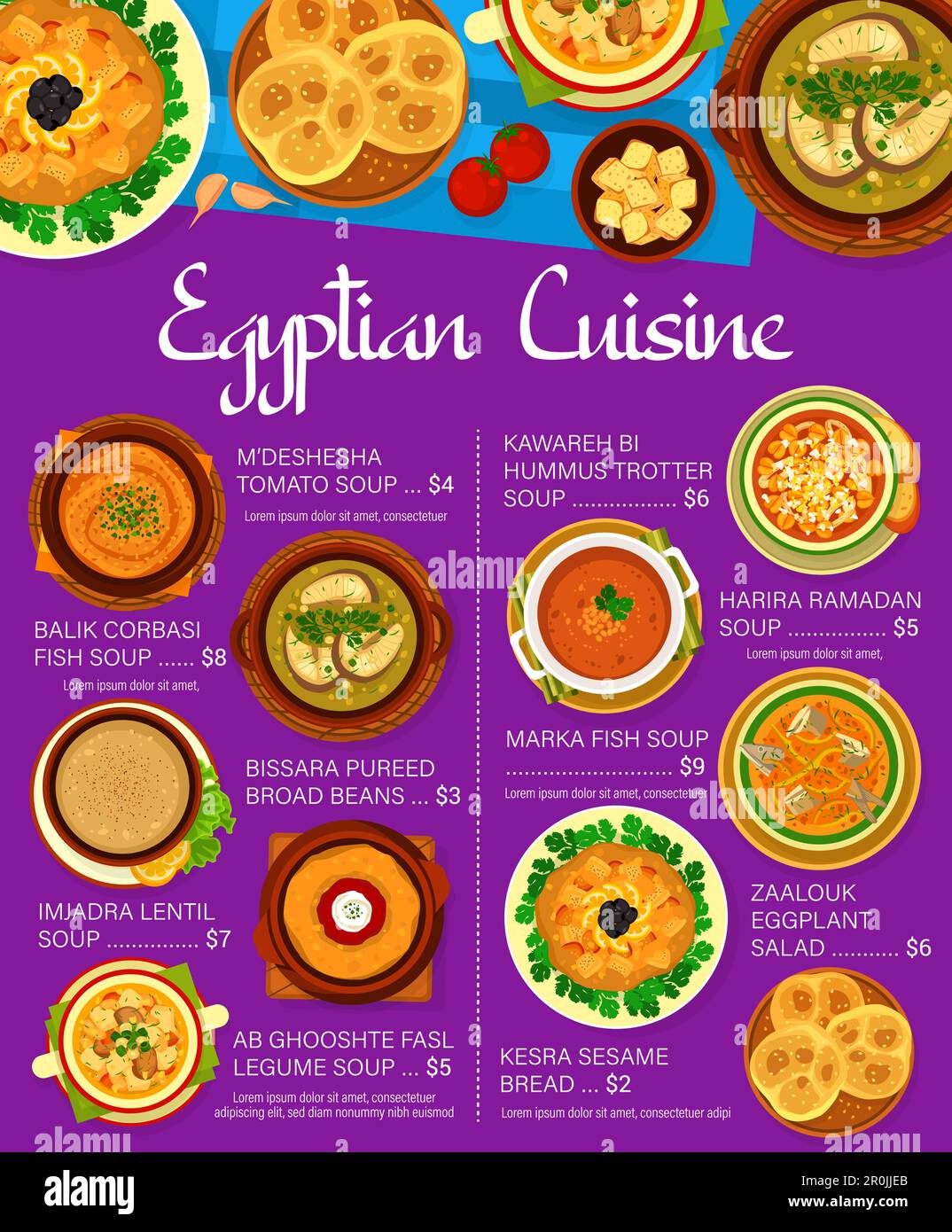 Egyptian cuisine food menu page design. Trotter, legume and fish soups