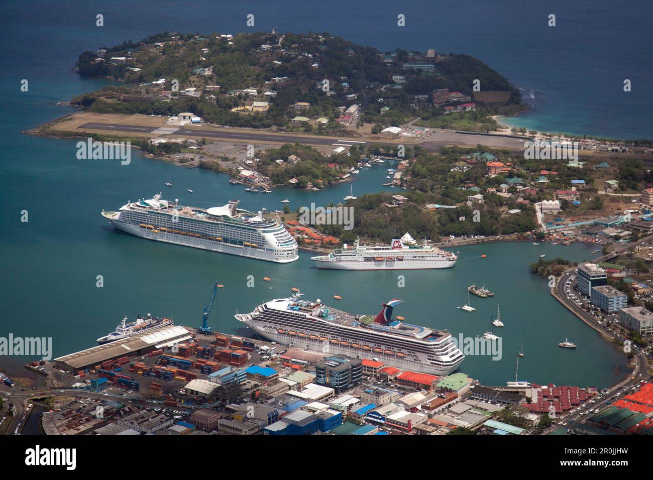 Aerial view of cruise ships Carnival Victory (Carnival Cruise Lines), Allure of the Seas (Royal Caribbean International) and MS Deutschland (Reederei Stock Photo