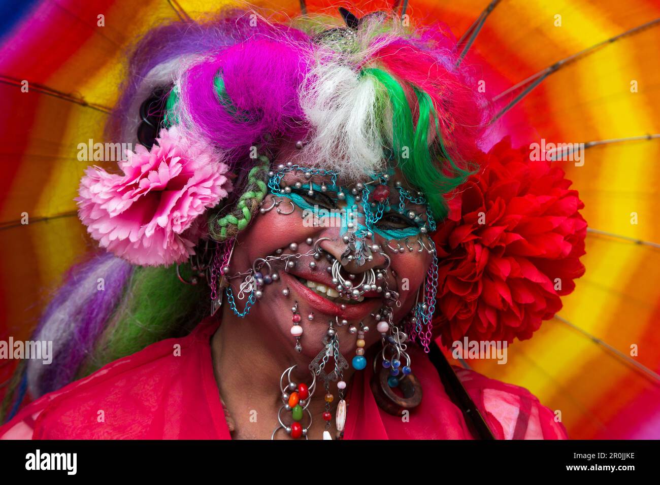 With more than 9,500 piercings, Elaine Davidson is featured in the Guinness Book of World Records as the most pierced woman alive, Edinburgh, Scotland Stock Photo