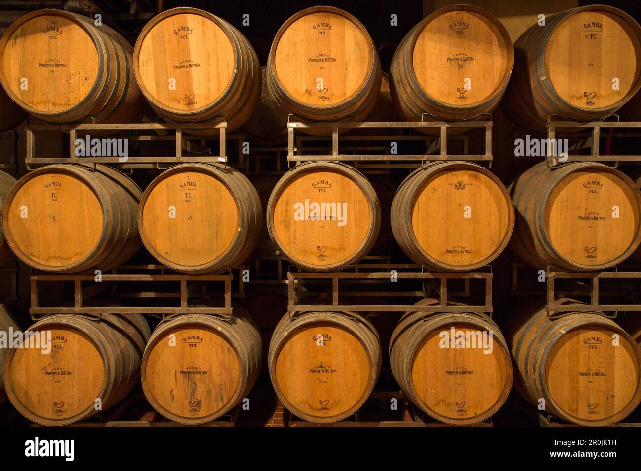 Wine casks in cellar at Feudo Principi di Butera winery, Deliella, near Butera, Sicily, Italy Stock Photo