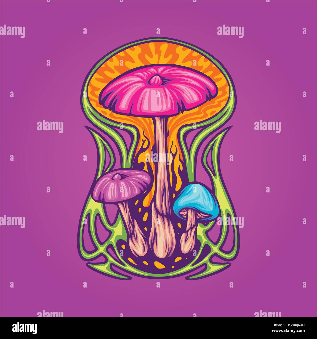 Magic mushroom psycho plant with art nouveau background frame illustrations vector for your work logo, merchandise t-shirt, stickers and label designs Stock Vector