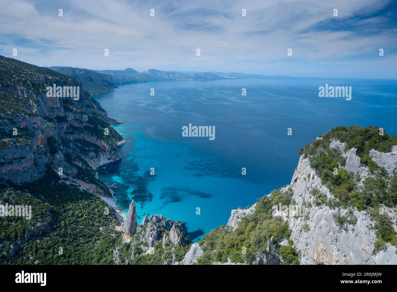 Mountainous coastal landscape, Cala Goloritze, rock-needle Aguglia Goloritze, Golfo di Orosei, Selvaggio Blu, Sardinia, Italy, Europe Stock Photo