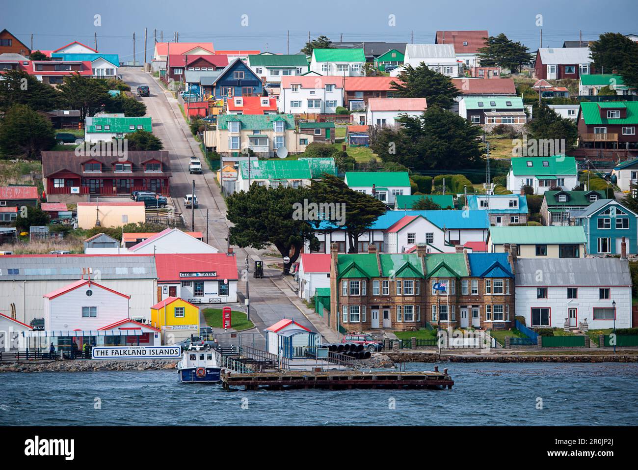 Pier and colorful houses in downtown, Stanley, Falkland Islands